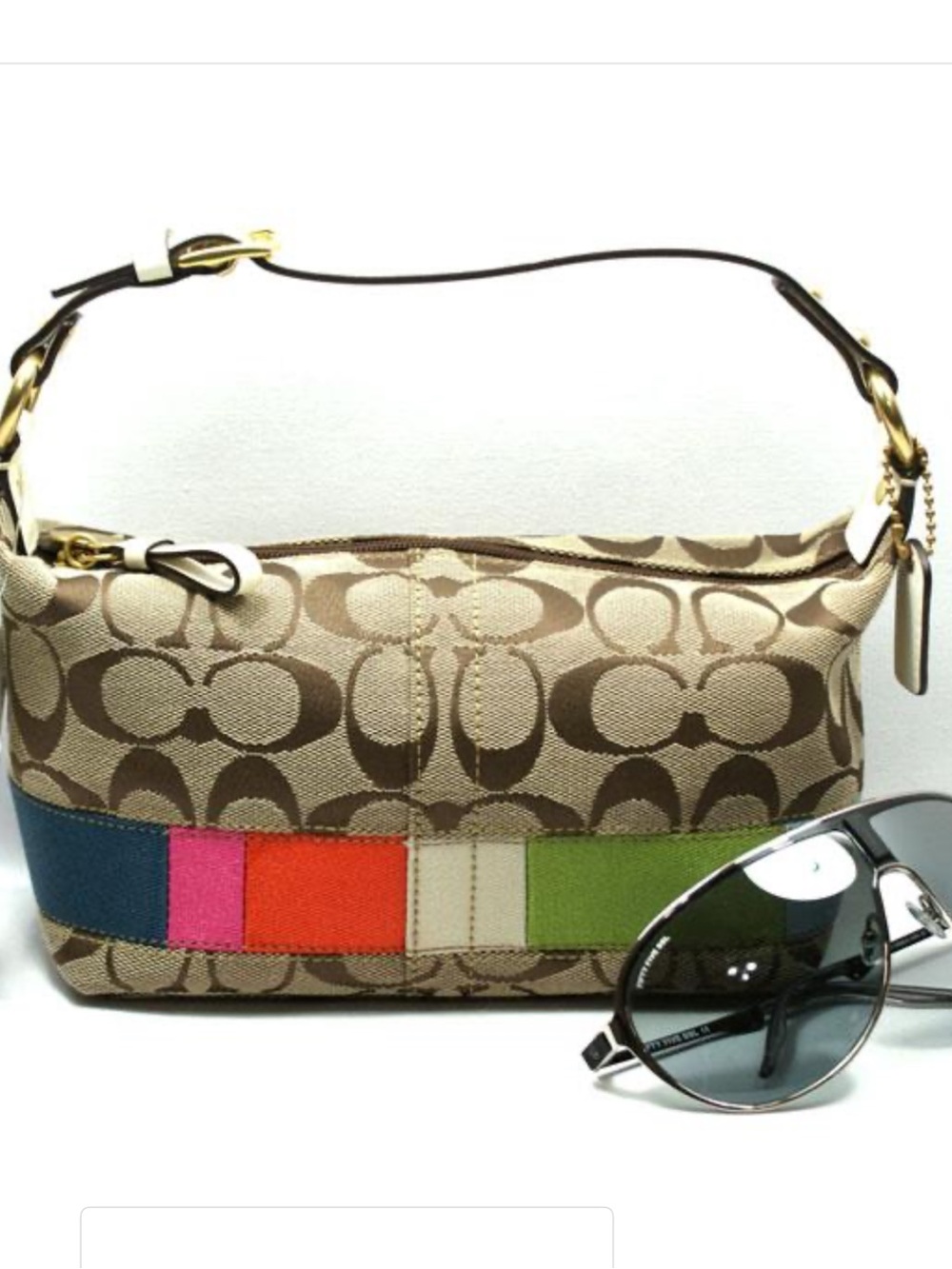New Coach Beige Signature Canvas Shoulder Bag with Multicolor Stripe.